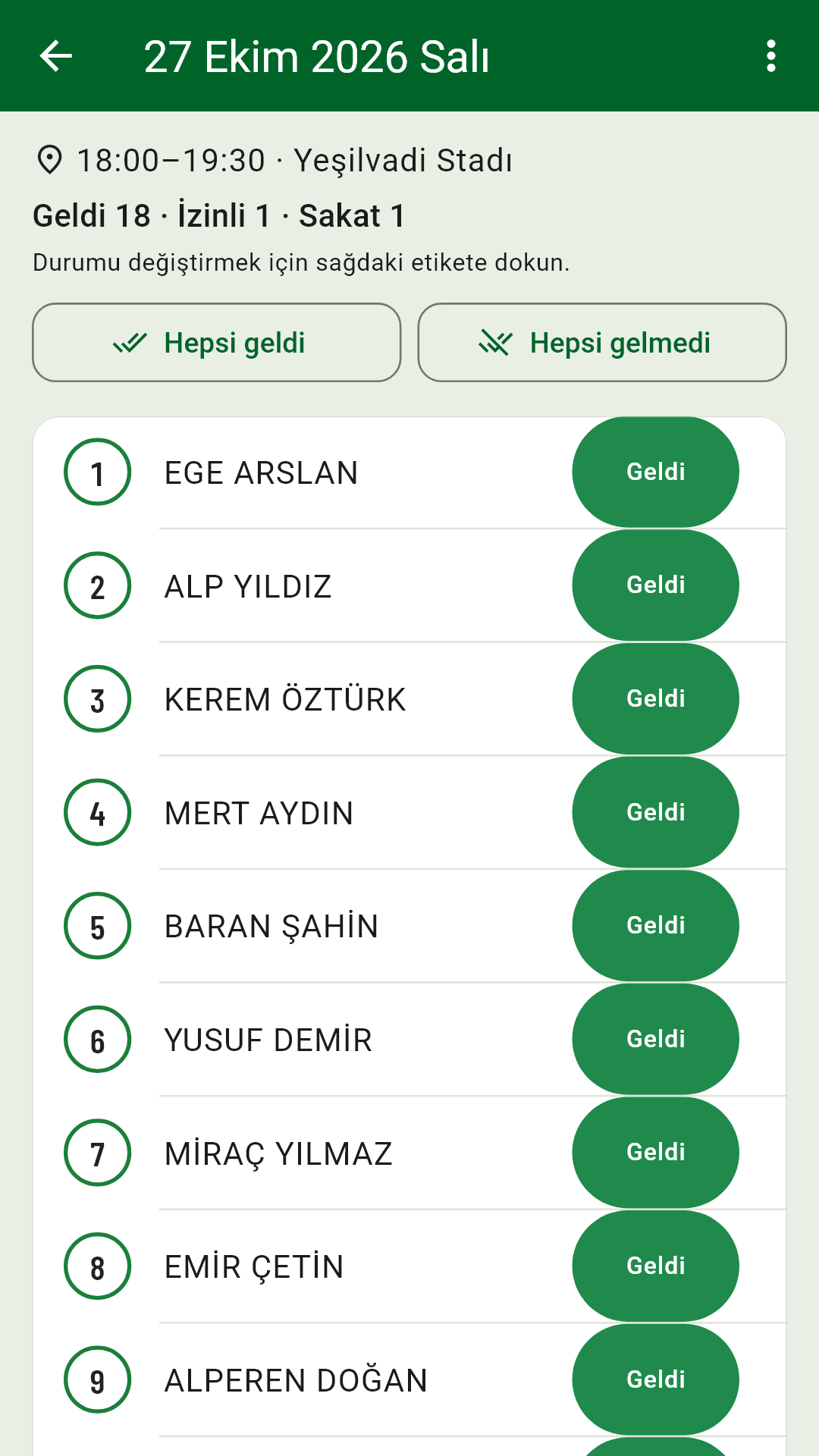 Yoklama ekranı